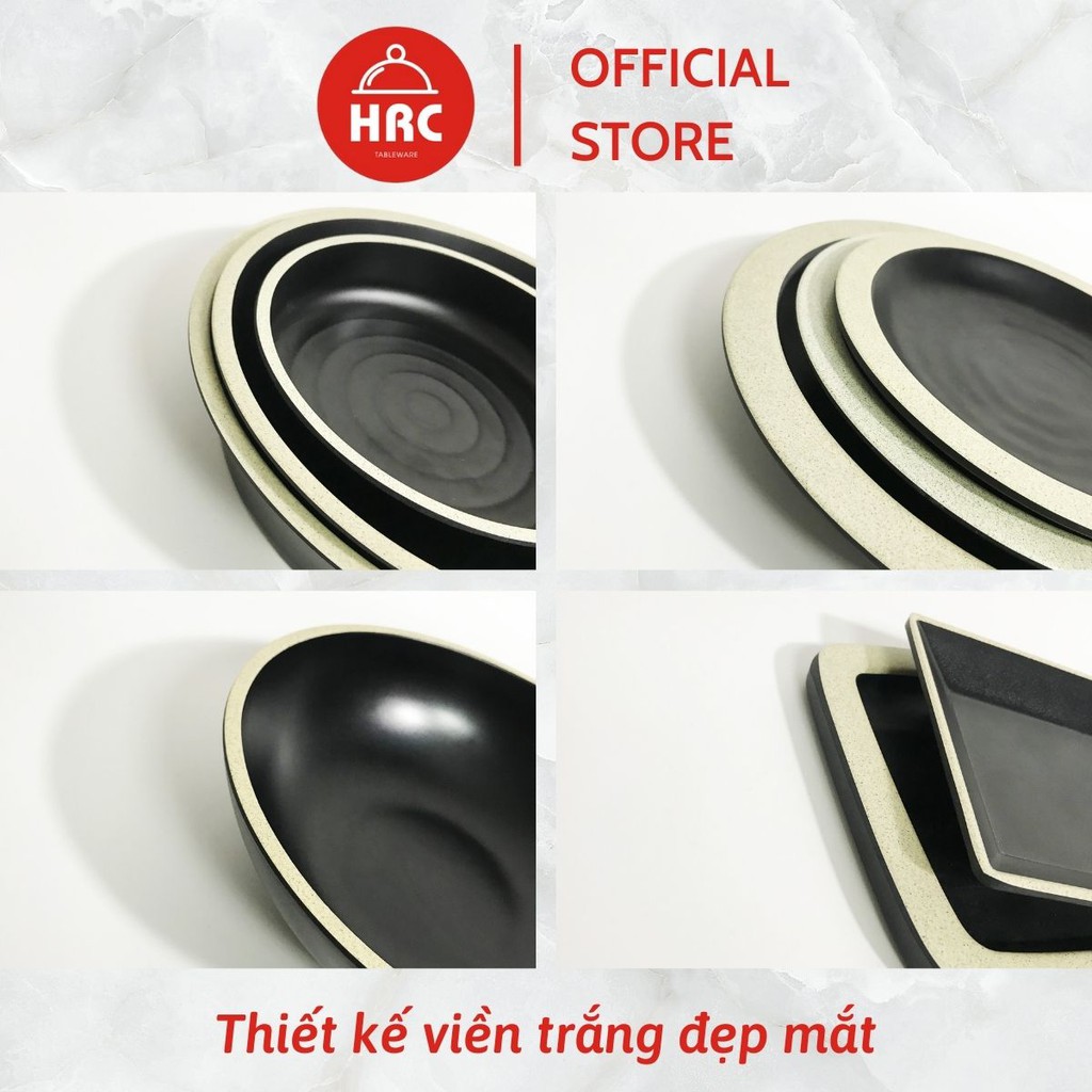 Bộ Tô Đĩa Tròn Bộ Đồ Bàn Ăn Nhựa Phíp Melamine Đen Nhám Mờ Viền Trắng Giả Sứ (Cao Cấp)