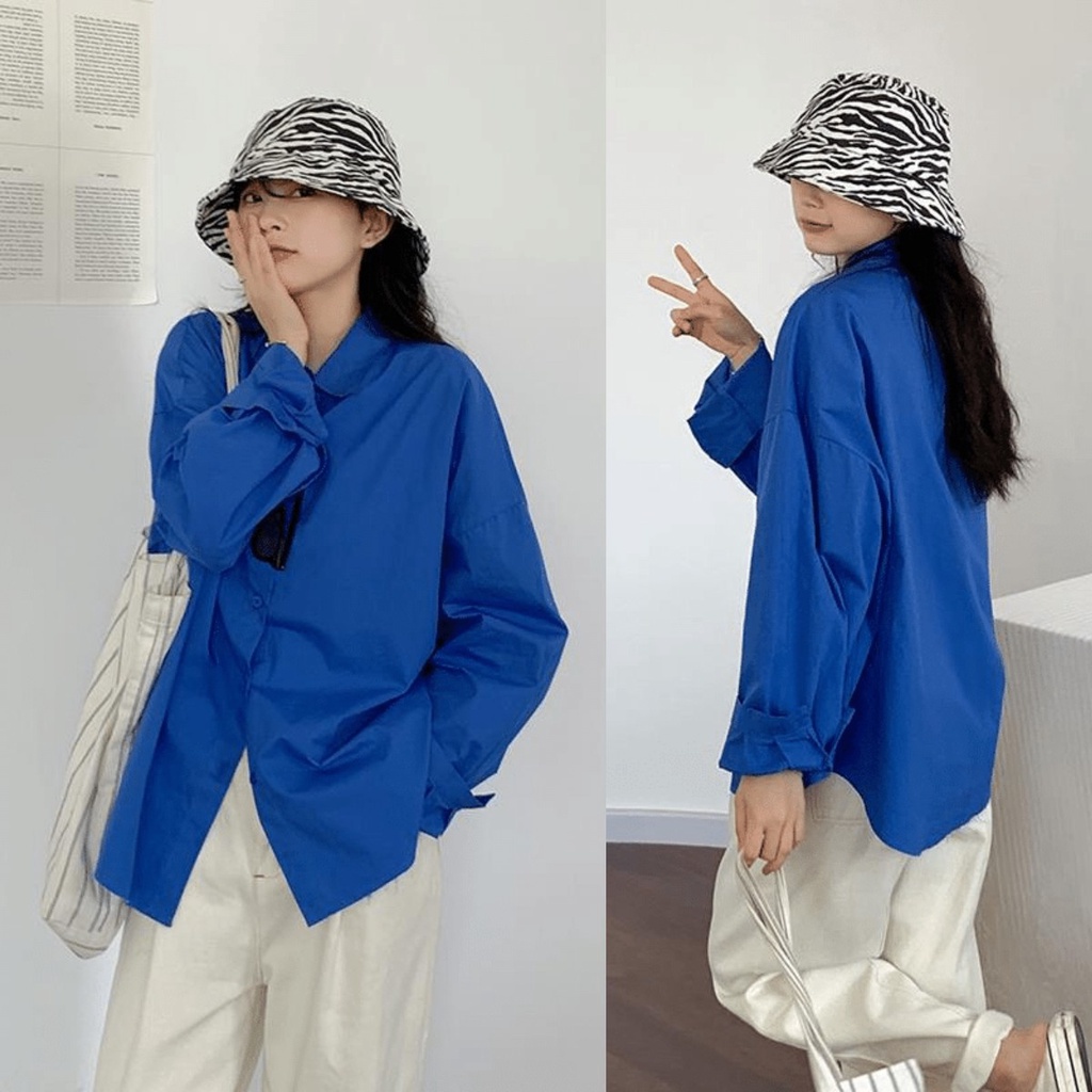 Áo sơ mi dài tay màu xanh dương phong cách Hàn Quốc trẻ trung dành cho nữ