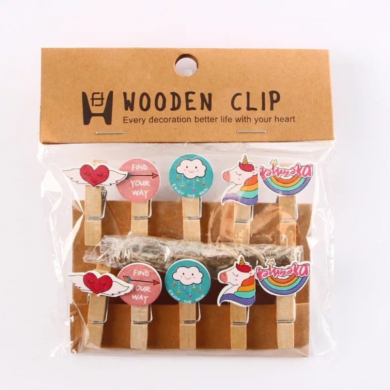 Set 10 kẹp ảnh gỗ clip mini trang trí treo ảnh kèm 2m dây thừng nhiều mẫu hoạt hình