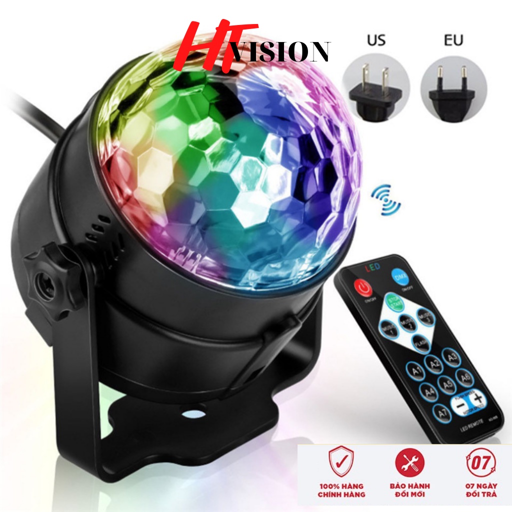 Đèn led xoay 360 độ 7 màu cảm biến âm thanh có remote/ đèn led sân khấu cầu xoay