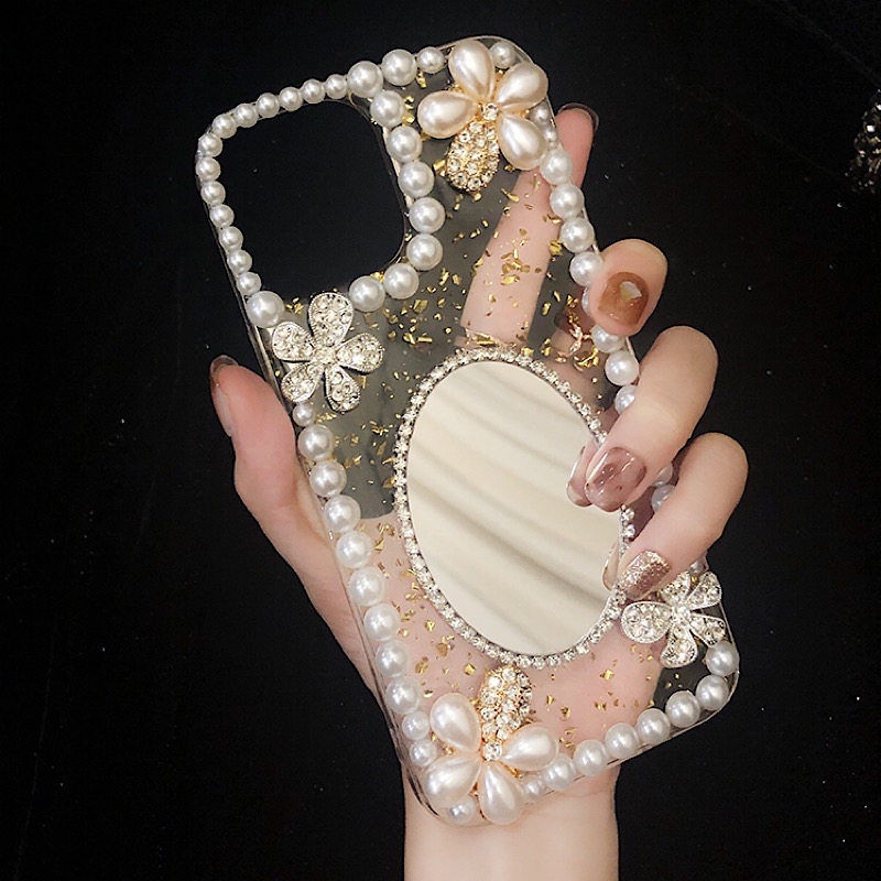 Dành Cho iPhone 13 Pro Max Ốp Lưng Kim Cương Lấp Lánh Kim Cương Giả Ngọc Trai Hoa Gương Trang Điểm Cho iPhone 12 11 Pro Max X XR XS 7 Plus