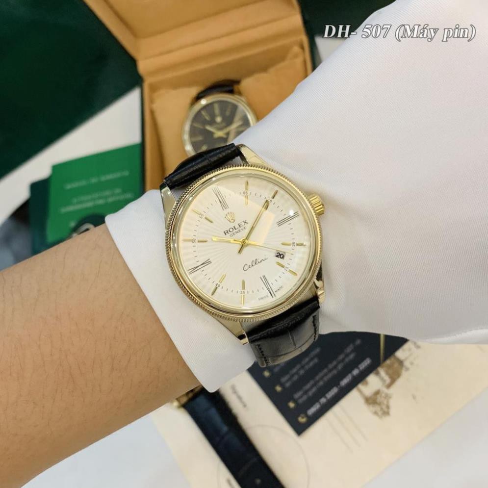 Đồng hồ nam Rolex mặt tròn viền mạ vàng dây da cao cấp có bảo hành DH507 shop813 - HÀNG MỚI VỀ