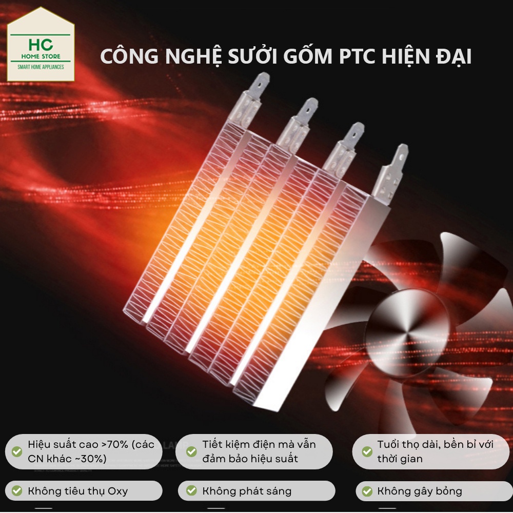 Máy sưởi gốm mini công nghệ PTC Ceramic 800W nóng nhanh, tiết kiệm điện, không phát sáng, không gây bỏng, không dùng oxy