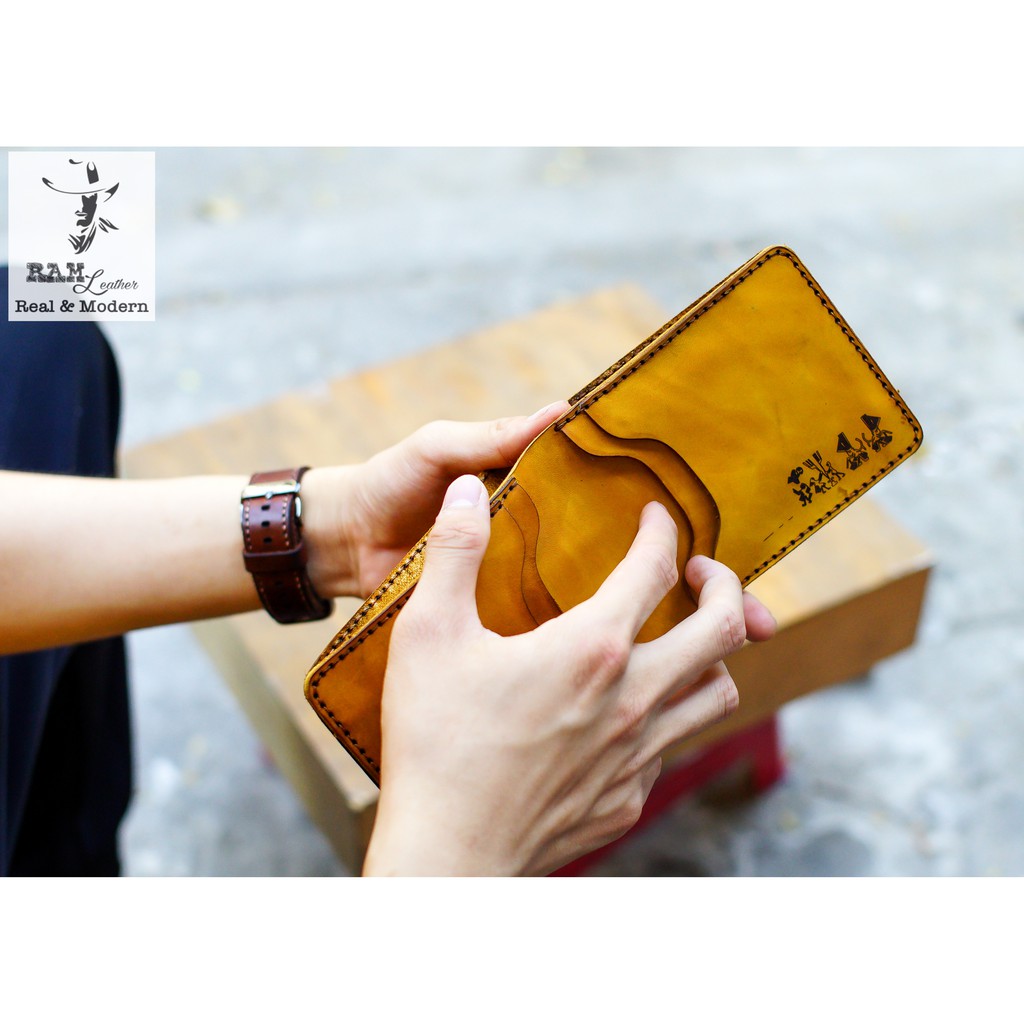 Ví nam da bò RAM Leather Khắc Trống Đồng Việt Nam Da Bò Italia Vegtan Màu Vàng