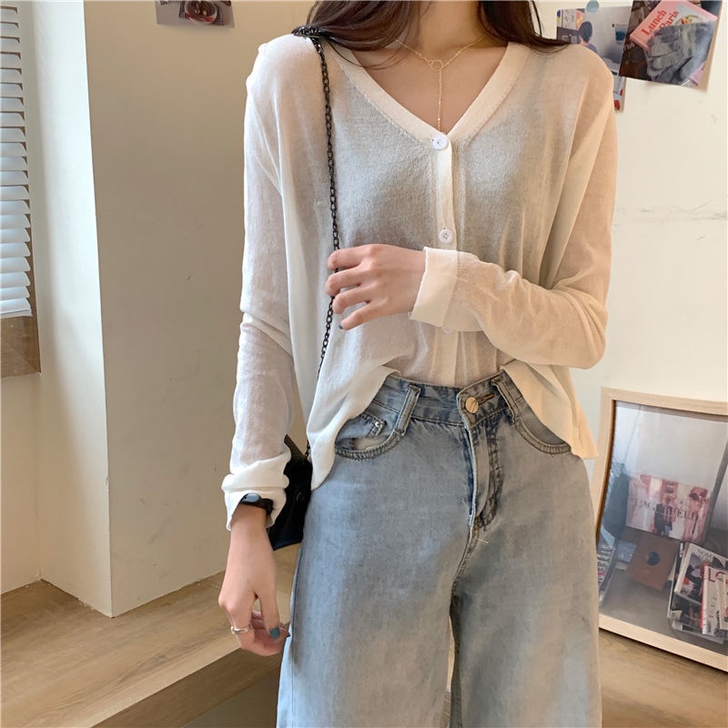 Áo Cardigan Dệt Kim Mỏng Tay Dài Cổ Chữ V Thời Trang Mùa Hè Phong Cách Hàn Quốc Cho Nữ