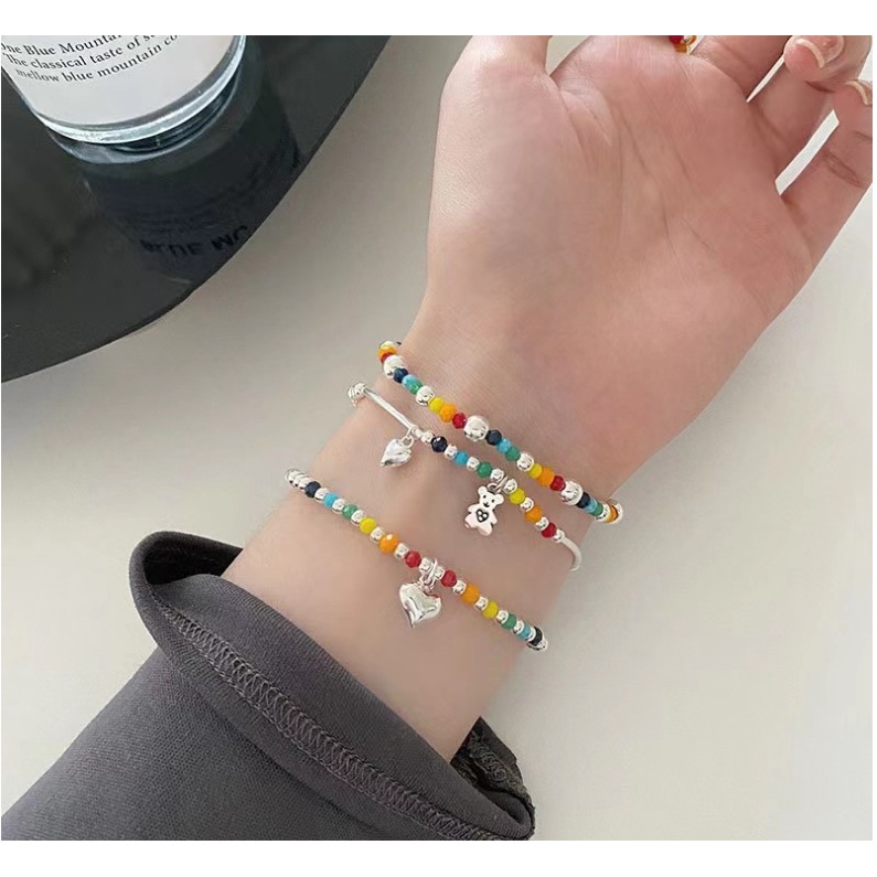 Vòng Tay Chuỗi Hạt Màu Cầu Vồng Mặt Gấu Cười Thiết Kế Mới Cho Bạn Bè