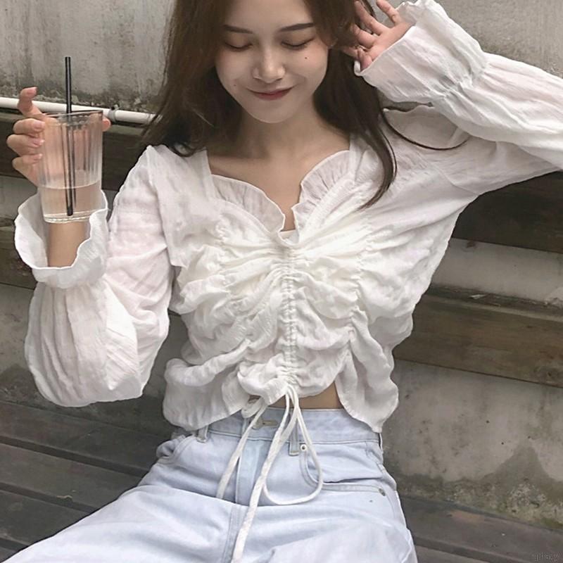 Áo Croptop Tay Dài Cổ Chữ V Màu Trơn Phong Cách Hàn Quốc