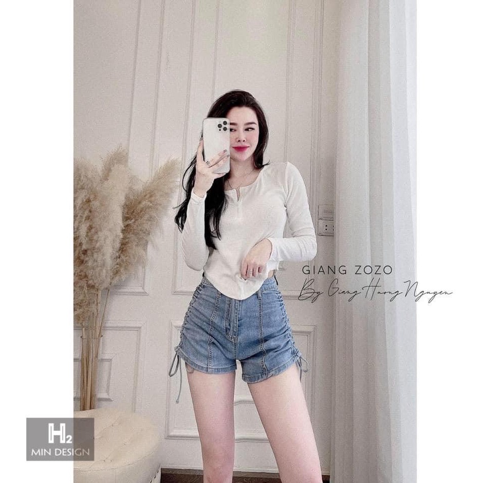 Áo pull cổ tròn dài tay cúc ngực áo kiểu nữ