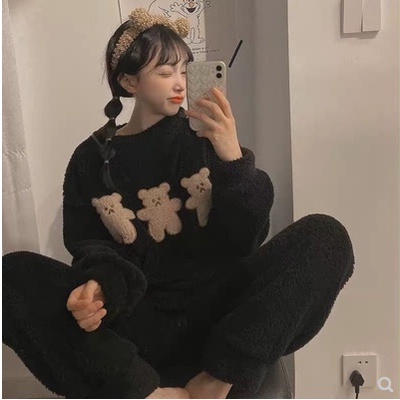 Bộ ngủ lông thêu gấu cực xinh/ Bộ mặc nhà lông cừu dày dặn siêu ấm mùa đông
