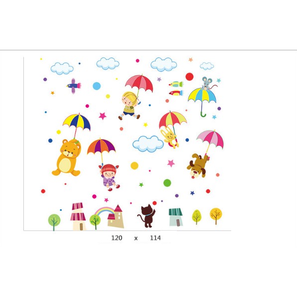 Decal trang trí tường Thú Chơi Dù Vui Nhộn
