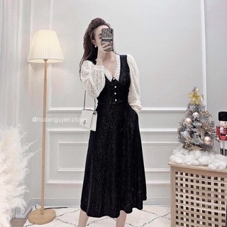 Đầm maxi đen phối tay ren lưới