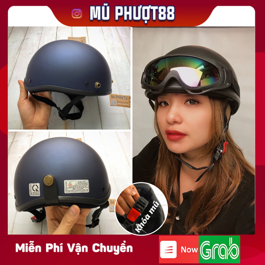 Mũ bảo hiểm nửa đầu 1/2 có kính tem xanh nhám, Nón bảo hiểm nửa đầu FREE SIZE, CHUẨN CHẤT LƯỢNG CAO