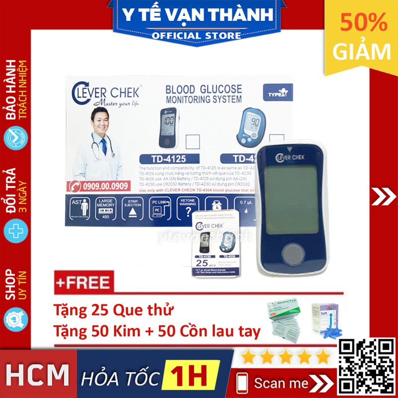 ✅ [TRỌN BỘ] Máy Đo Đường Huyết Clever Chek TD-4125 (25 QUE + KIM + CỒN) | BH Trọn Đời -VT0561 | Y Tế Vạn Thành