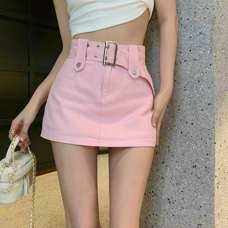 Chân váy denim kiểu lưng cao co giãn kèm đai có quần trong