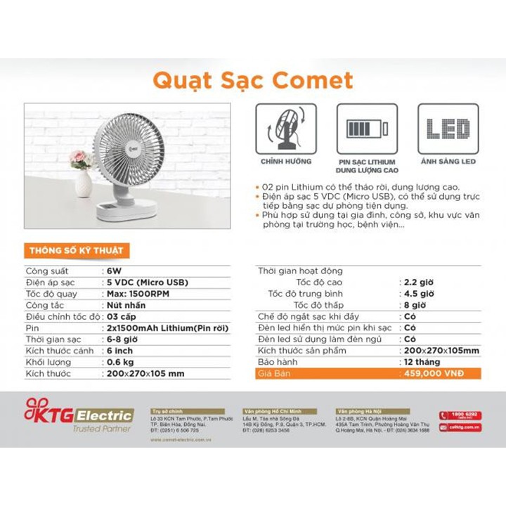 Quạt Sạc Comet CRF1406, tích hợp đèn Led, thiết kế nhỏ gọn, đẹp mắt, có thể mang theo mọi lúc mọi nơi