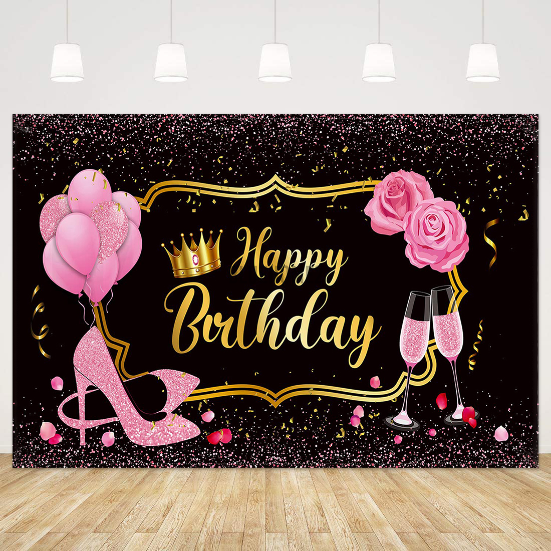 Phông nền vải hình hoa hồng/guốc/ly rượu với bóng bay màu hồng chữ Happy Birthday trang trí tiệc sinh nhật cho nữ