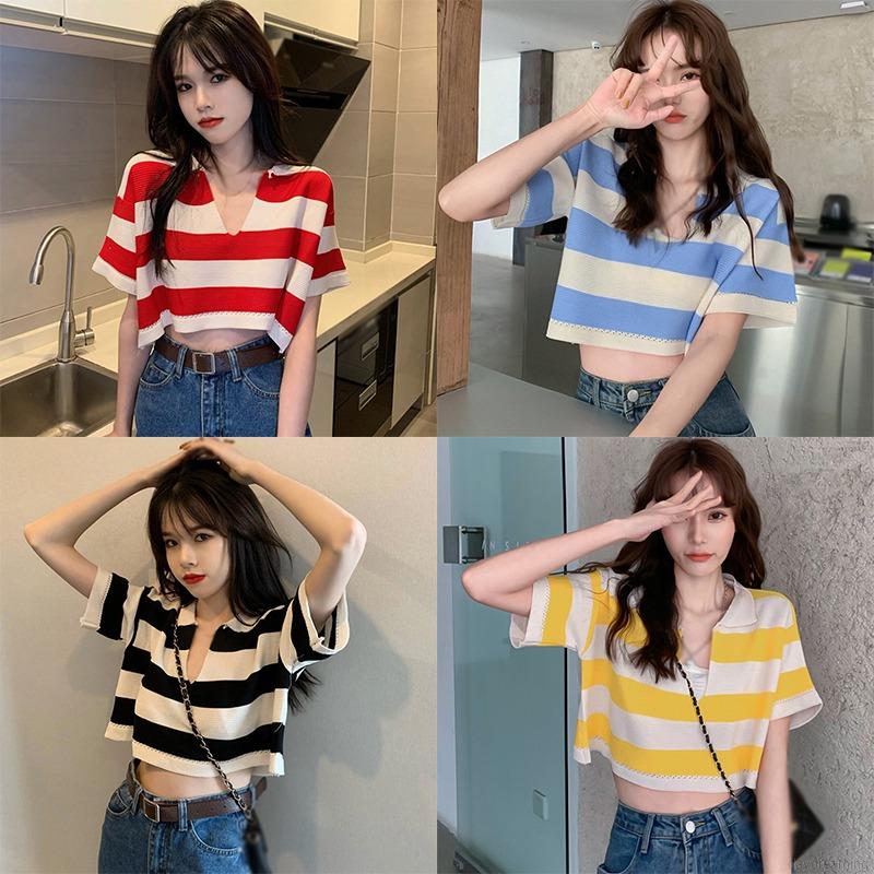 Áo Len Ngắn Tay Cổ Chữ V Dáng Rộng Hoa Văn Kẻ Sọc Nhiều Màu Thời Trang | BigBuy360 - bigbuy360.vn