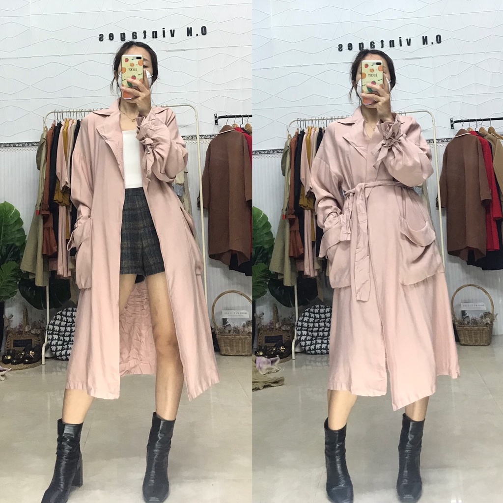Áo măng tô màu hồng pastel form rộng Hàn Quốc 2hand giá rẻ