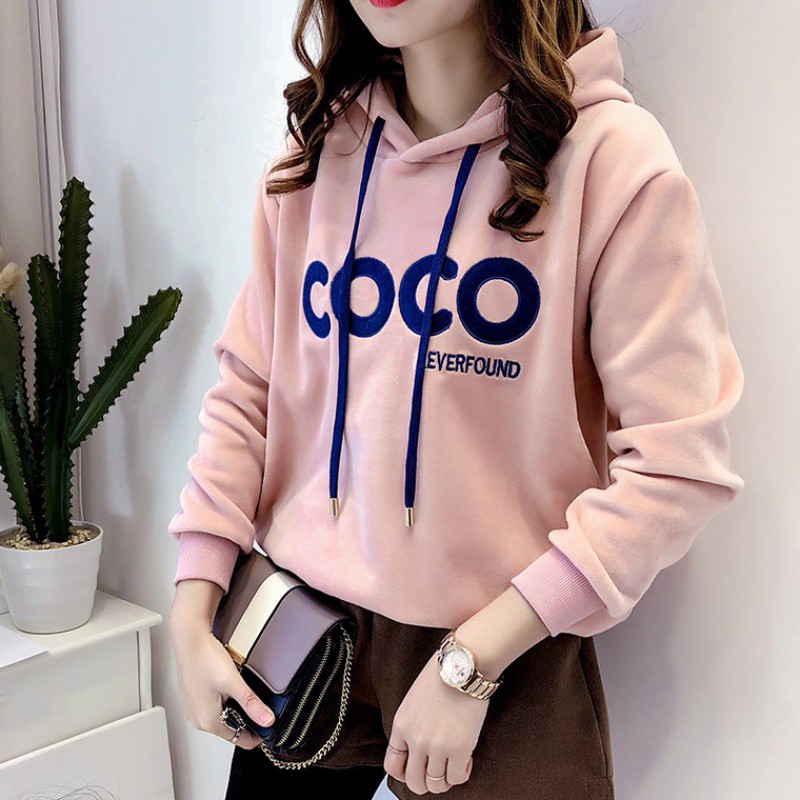 Áo len nhung vàng nữ 2019 thu đông mới hai mặt nhung / Áo sơ mi Hàn Quốc phiên bản áo khoác trùm đầu