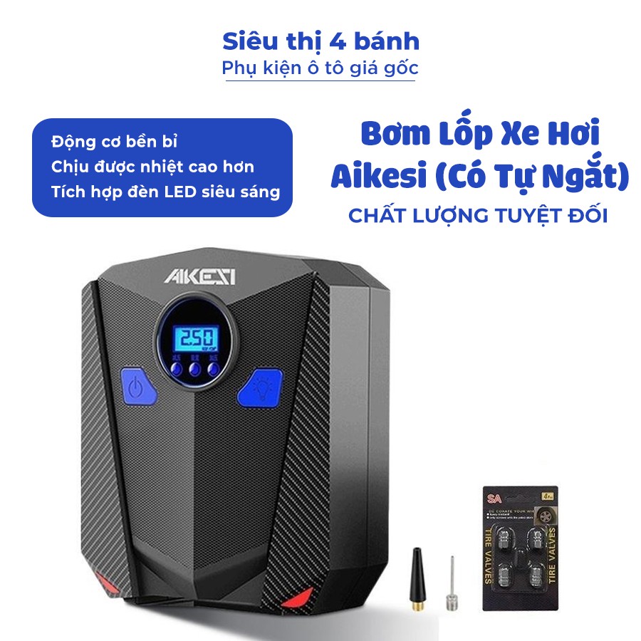 Bơm lốp ô tô AIKESI, Máy bơm lốp xe hơi 12v điện tử tự ngắt tích hợp đèn led đồng hồ điện tử - BẢO HÀNH 12 THÁNG