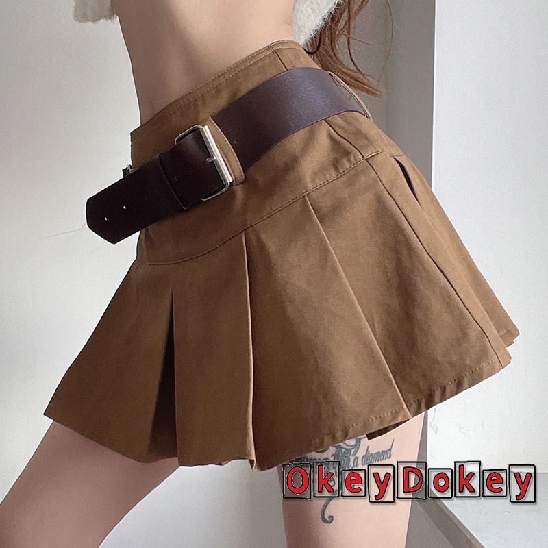 Chân Váy Chữ A Lưng Cao Xếp Ly Phối Thắt Lưng Thời Trang Cho Nữ y2k