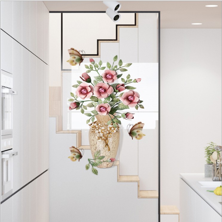 Decal trang trí tường - Chậu hoa và Hoa cổ điển hồng đậm