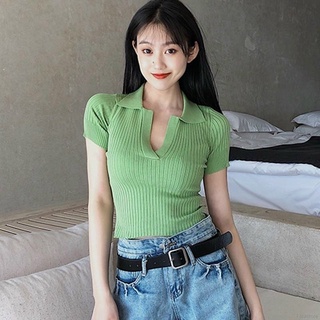 Áo Croptop Cổ Bẻ Xẻ V Trơn