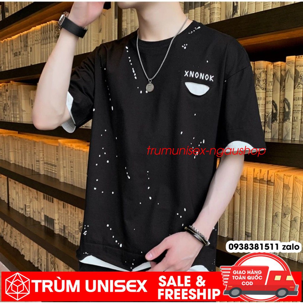 Áo thun unisex áo phông nam rộng XNONOK dạng rách kèm áo thật vải cotton đen trắng Trùm Unisex