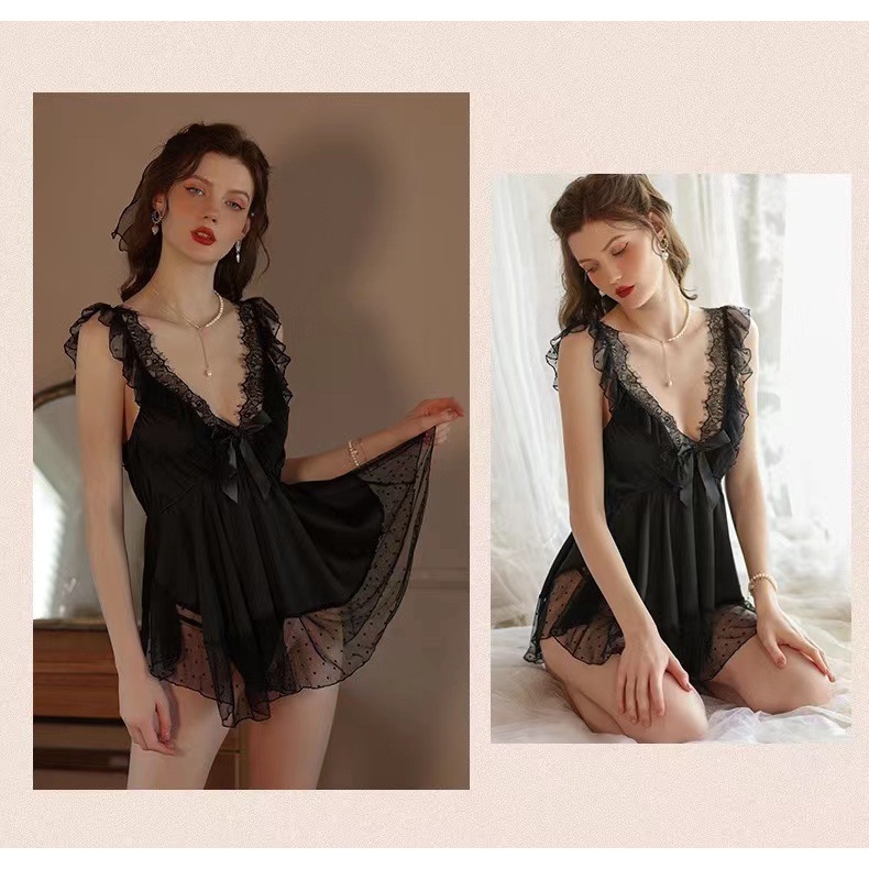 Váy ngủ / Đầm ngủ cổ V pha viền ren sexy 822