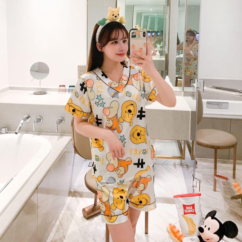 Đồ Bộ Ngủ Tay Ngắn Mặc Nhà Vải Lụa Mềm Mát Tay Ngắn Quần Cọc H&amp;N FASHION SHOP