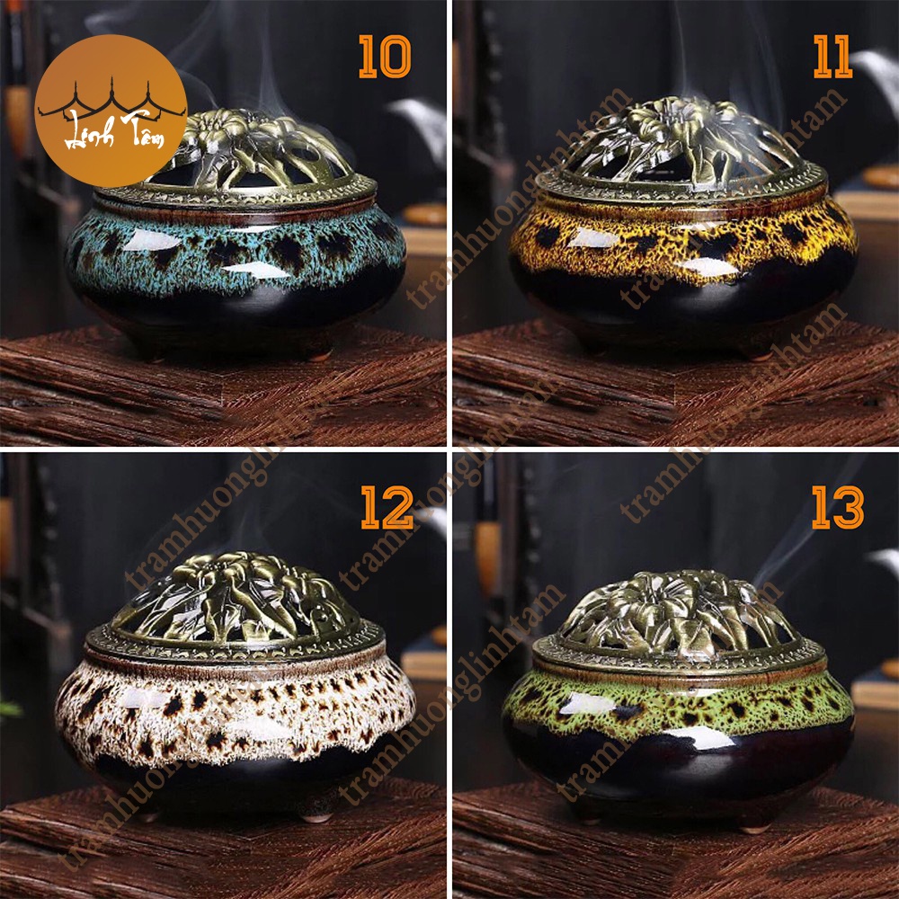 Com bo Lư xông trầm hương đỉnh đốt nhang gốm sứ + 10 nụ trầm tặng lót chống cháy