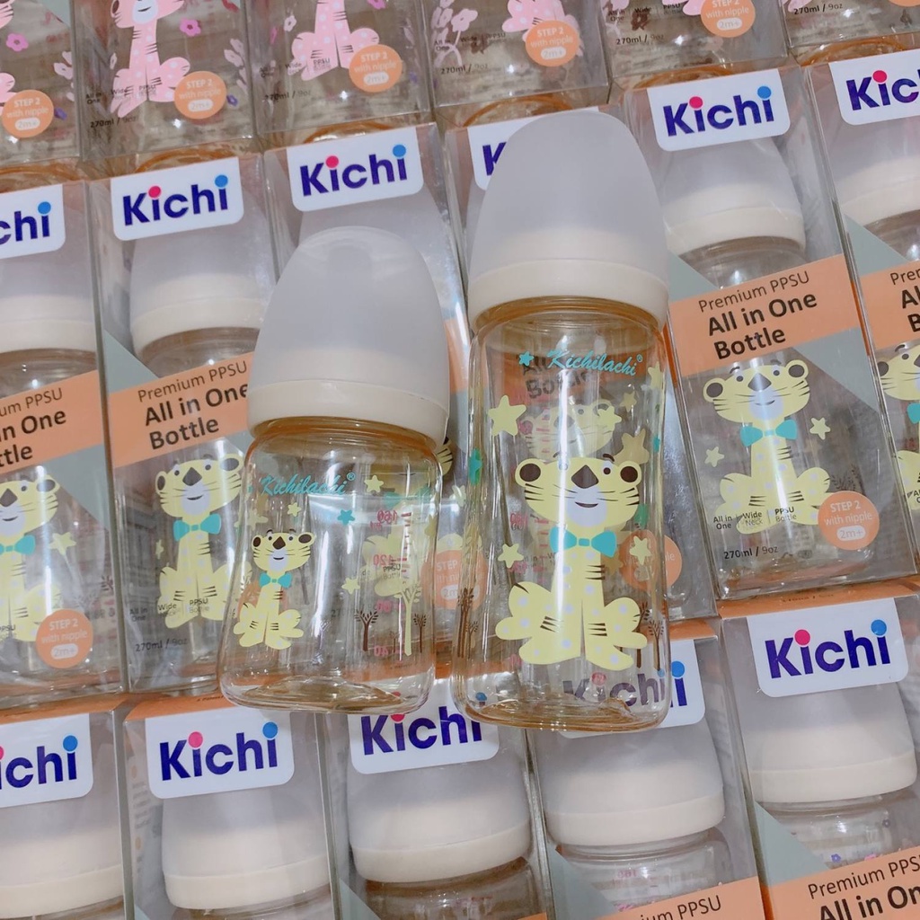 Bình sữa hình hổ đáng yêu KICHILACHI cổ rộng, nhựa PPSU cảm biến nhiệt 170ml và 270ml cao cấp chính hãng dành cho bé yêu