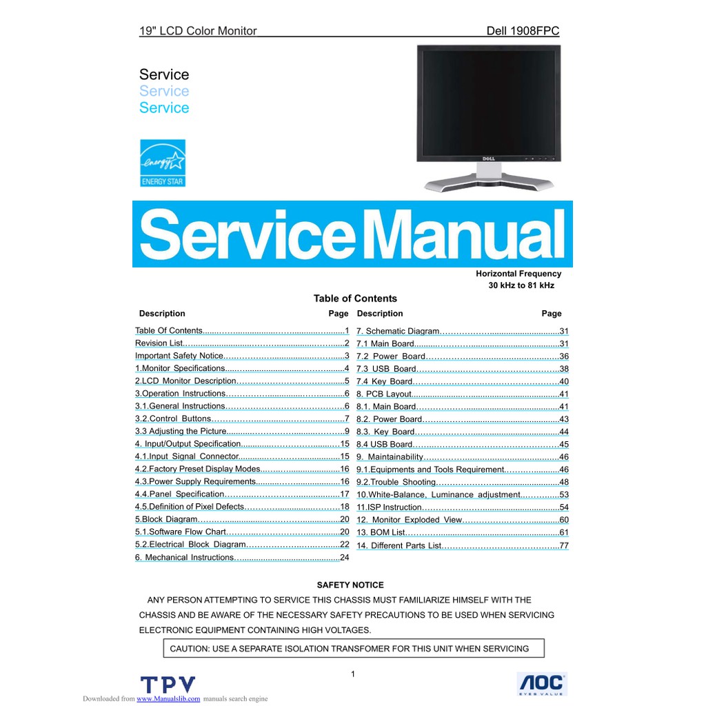 Hướng dẫn sửa chữa và sơ đồ màn Dell 1908FPC