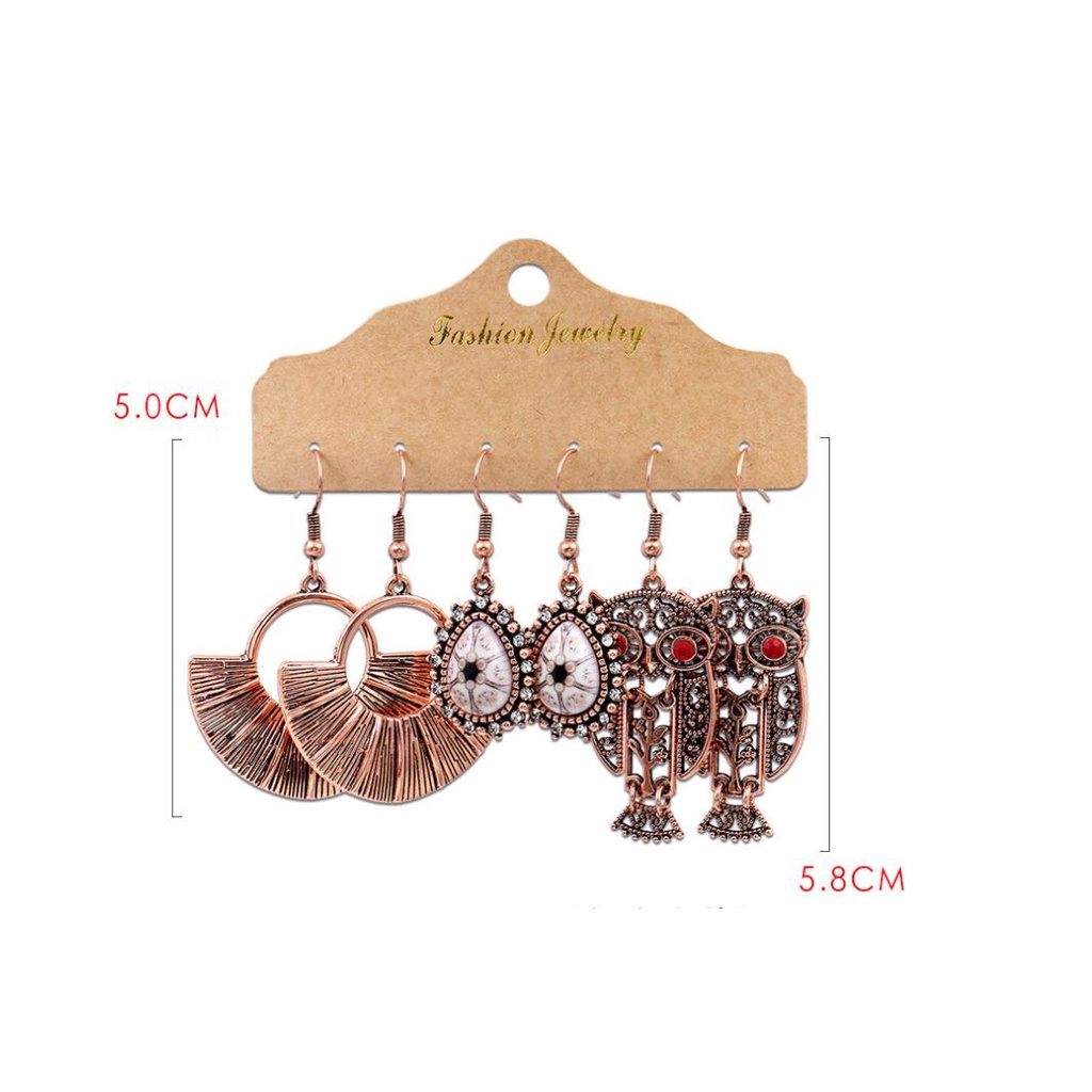 Bộ 3 Đôi Bông Tai Cham Khắc Hoa Văn Cú Mèo 2M8