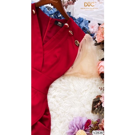 V2836 - váy đỏ tay voan màu be