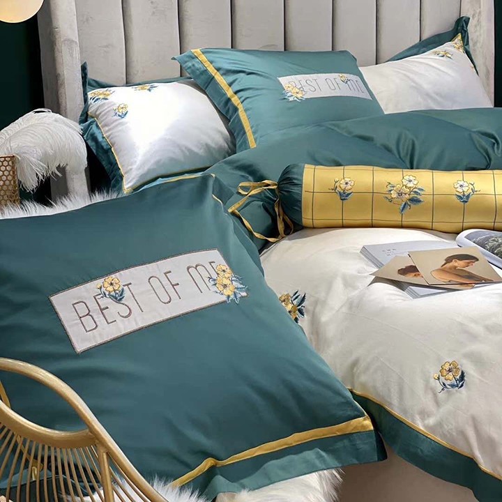 Bộ chăn ga gối , drap giường chất vải Lụa 60s họa tiết Hoa Nhí Vàng