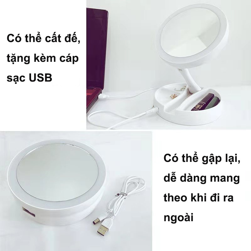 Gương Trang Điểm Có Thể Gập Lại Có Đèn Led, Gương Hai Mặt Có Thể Phóng To, Xoay 360 Độ, Đế Có Ngăn Đựng Đồ Tiện Lợi