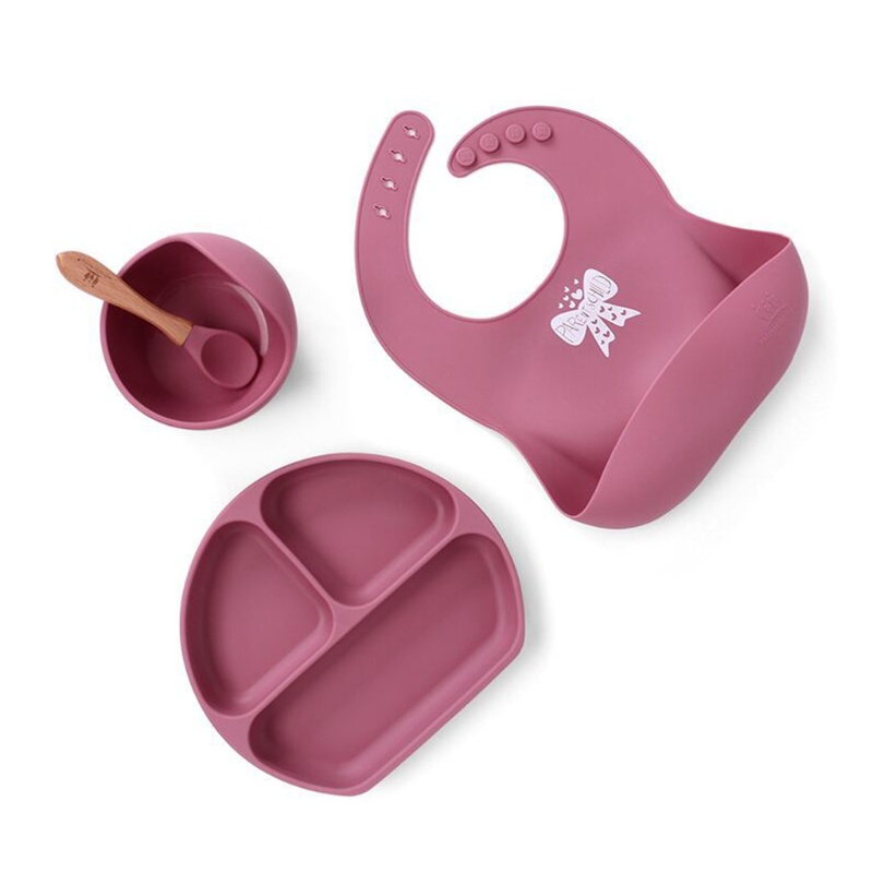Bộ 4 Món Gồm Yếm Ăn + Đĩa + Muỗng + Yếm Ăn Bằng Silicone Chống Nước Cho Bé Sơ Sinh