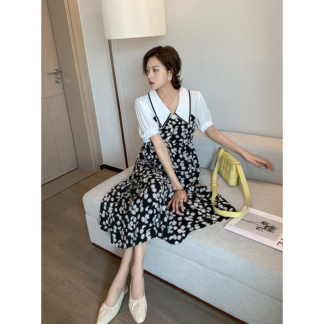 Váy đầm bầu sơ mi phối hoa nhí thiết kế cho mẹ bầu công sở, dự tiệc lịch sự trẻ trung mới mùa hè thoáng mát