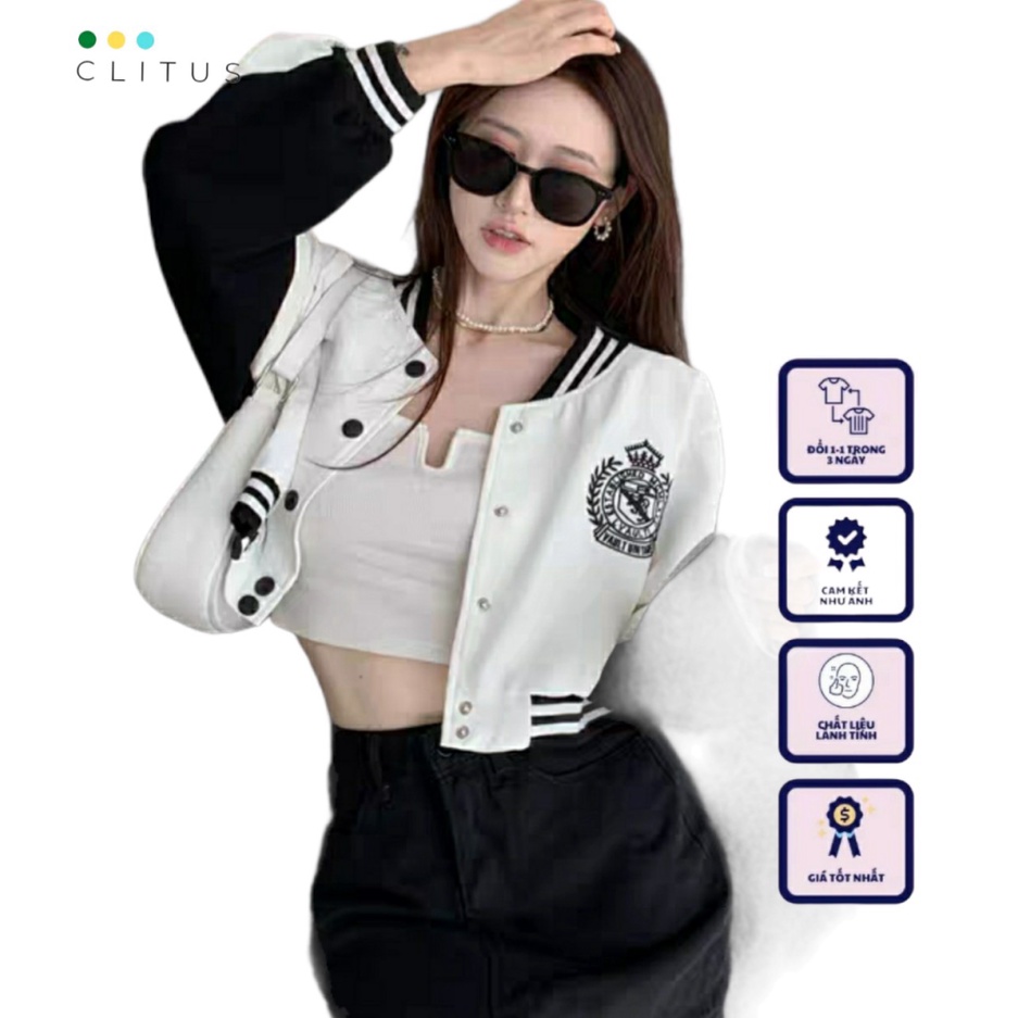 [ HÌNH THẬT SP 100% ]Áo Khoác Bomber  Nữ Form Croptop Cúc Bấm 2 Lớp Dày Mịn Siêu Đẹp  - CLITUS FASHION