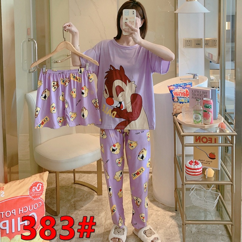 Bộ ngủ tiểu thư 3 món: áo cộc tay, quần đùi, quần dài mặc nhà hình cute