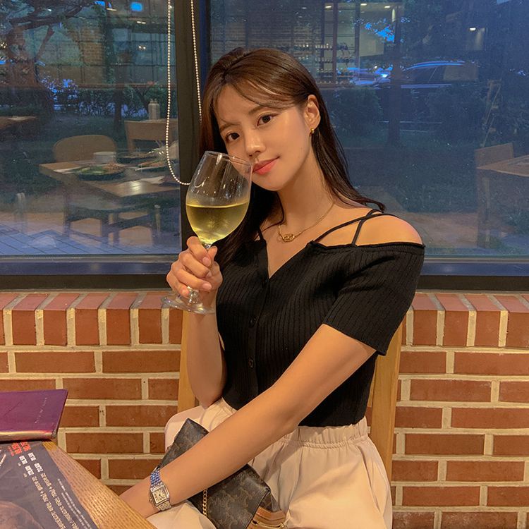 SUXI Áo Dệt Kim Tay Ngắn Trễ Vai Dáng Ôm Phong Cách Hàn Quốc Quyến Rũ Cho Nữ