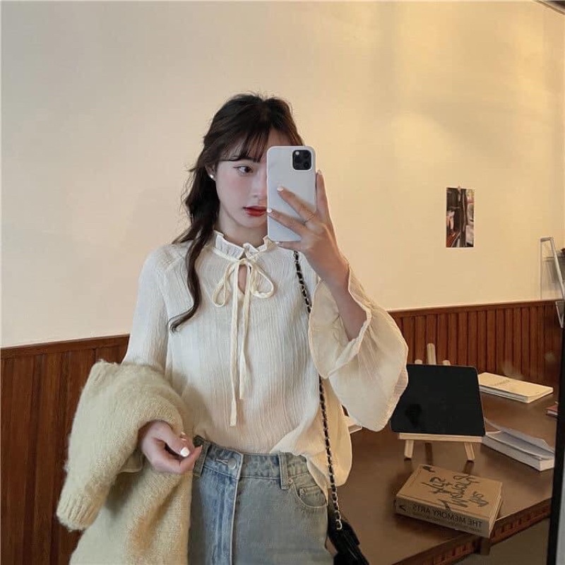 Set sơ mi gile set áo kiểu nữ trắng be gile len dày dặn vintage tiểu thư eooshop