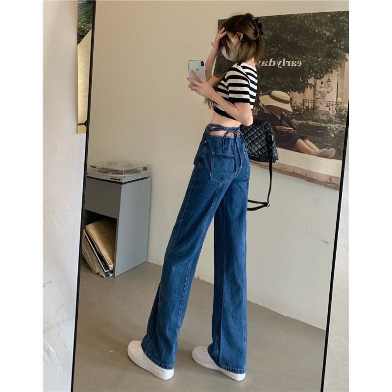 Quần jeans lưng cao ống rộng thiết kế khuyết lưng sexy phong cách Hàn Quốc