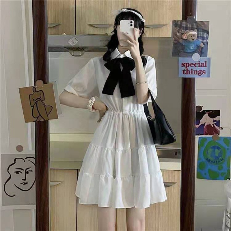 V026 Đầm nữ đen trắng cổ nơ xòe 3 tầng cộc tay bồng Váy BBD babydoll tiểu thư công chúa bánh bèo nữ sinh Uzzang