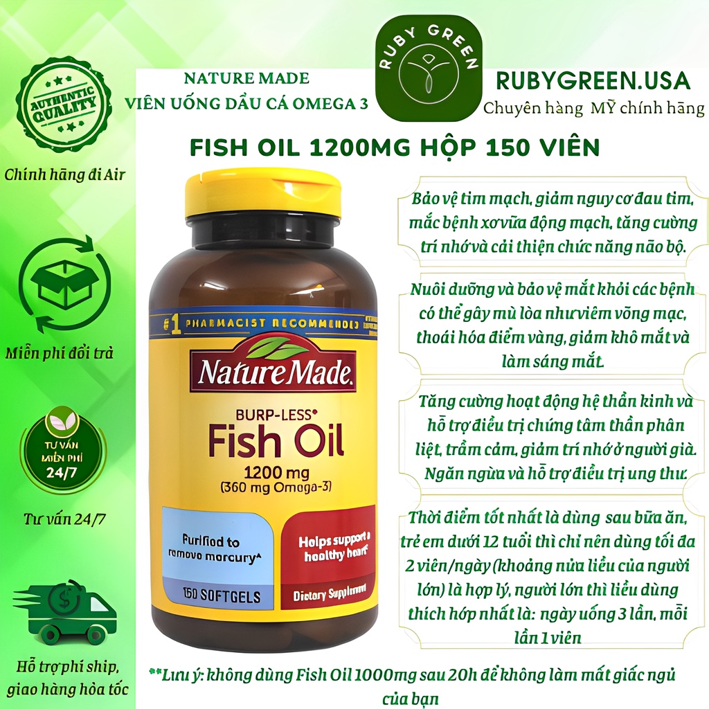 Viên uống Dầu Cá Nature Made Fish Oil 1200mg 360mg Omega 3 150 viên
