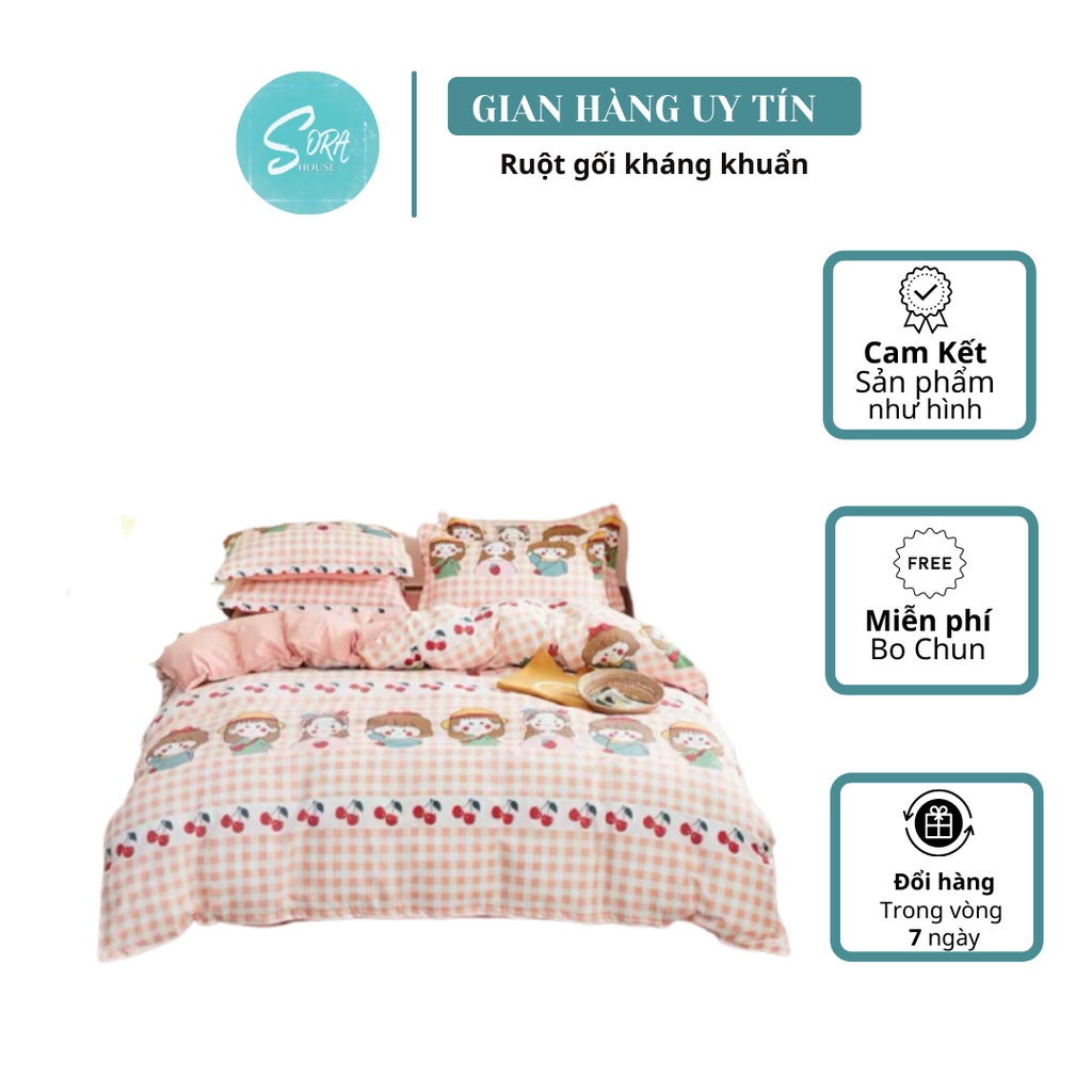 Bộ Chăn Ga Gối Cototn Poly Cô Bé Cherry