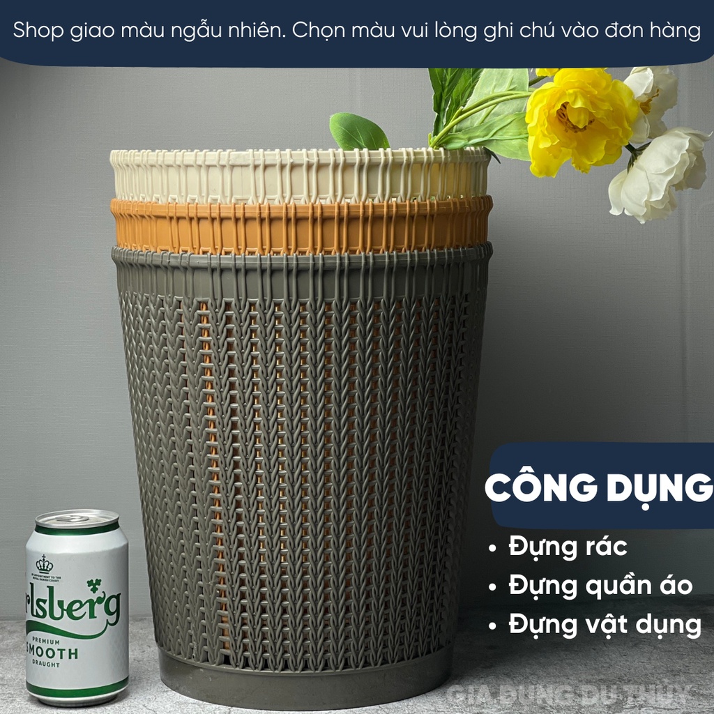 Sọt rác nhựa tròn đan mây phong cách hàn quốc dùng làm sọt rác, sọt đựng đồ màu trắng, be, nâu nhựa Việt Nhật