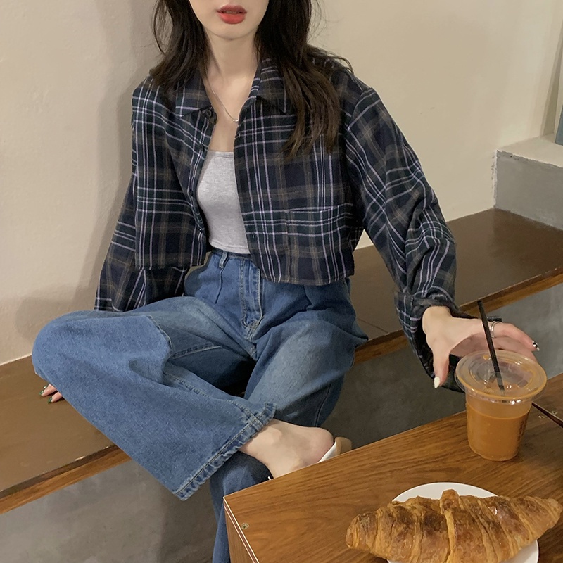 ZHELIHANGFEI Áo sơ mi caro tay dài thời trang cho nữ