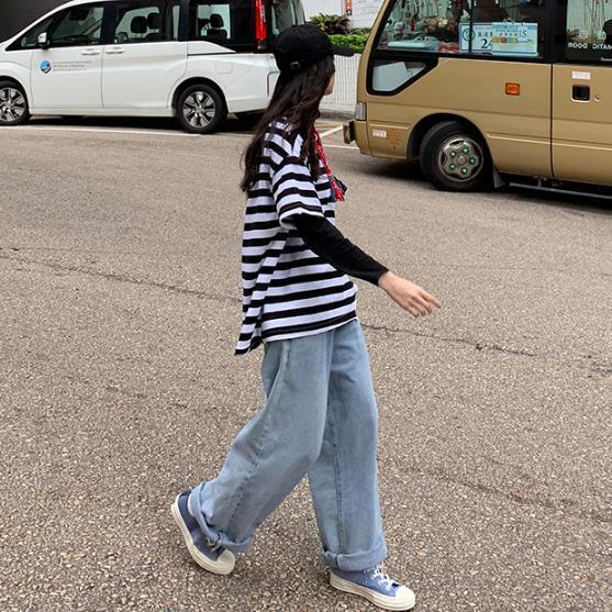 quần bò nữ straight-leg mopping daddy pants Korean loose drape high-waisted wide-leg pants